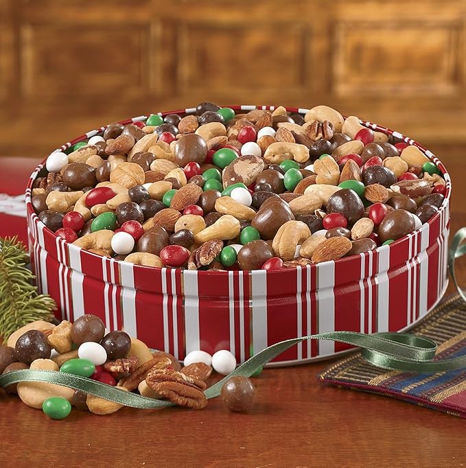 The Swiss Colony Ultimate Snack Mix – Sweet and Salty Bridge Mix with Candy Coated Peanuts and Crunchy Mixed Nuts Gourmet Trail Mix Gift Basket Tin 1 lb. 11 oz.