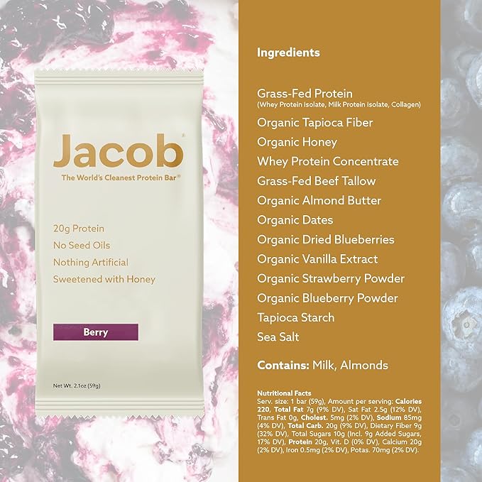 Jacob Bar Protein Bars Mixed Berry (9 Bars Total) - 20g Grass-Fed Protein No Seed Oils Nothing Artificial