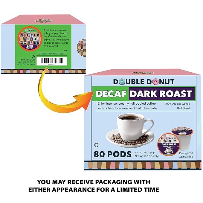 Double Donut Coffee Decaf Dark Roast Coffee Pods Extra Bold Blend Coffee Single Serve Coffee For Keurig K Cups Machines Decaf Dark Roast Coffee in Recyclable Pods 80 Count