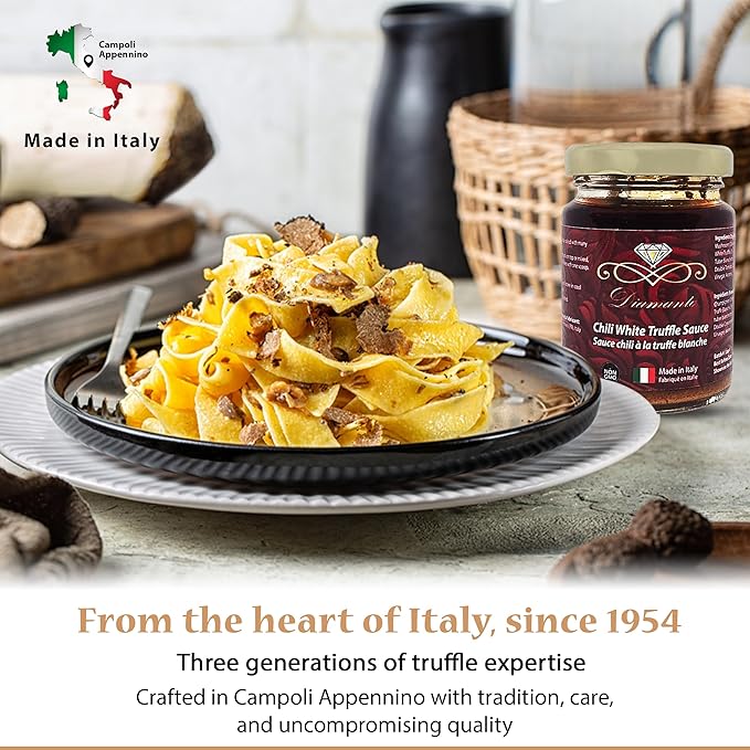 Diamante Italy Chili Truffle Sauce with White Truffles - Hot Sauce for All Cuisines - Authentic Italian Gourmet White Truffle &amp Mushroom Hot Sauce - Non GMO &amp Made in Italy - 90g