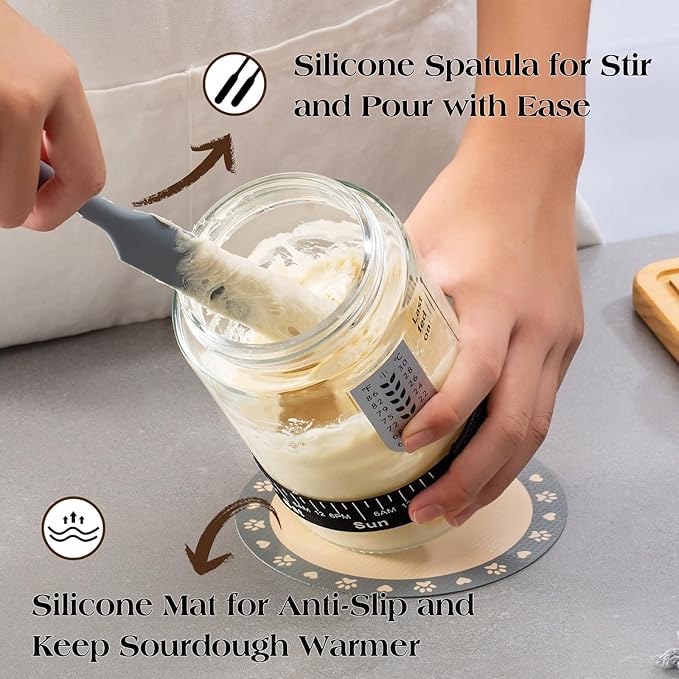 Sourdough Starter Kit34oz Sourdough Starter Jar Glass with Sourdough Recipes Cookbook.Sourdough Bread Baking Supplies with ThermometerNatural Wooden Lid Anti-slip MatSourdough Jar scraper (2 pack)