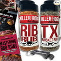 Killer Hogs Rib Rub &amp TX Texas Brisket Premium BBQ Barbecue &amp Seasoning 4 pk Variety Choice Bundle (44.68 oz) + BBQ Guide &amp Keychain Bottle Opener (6 Items)!