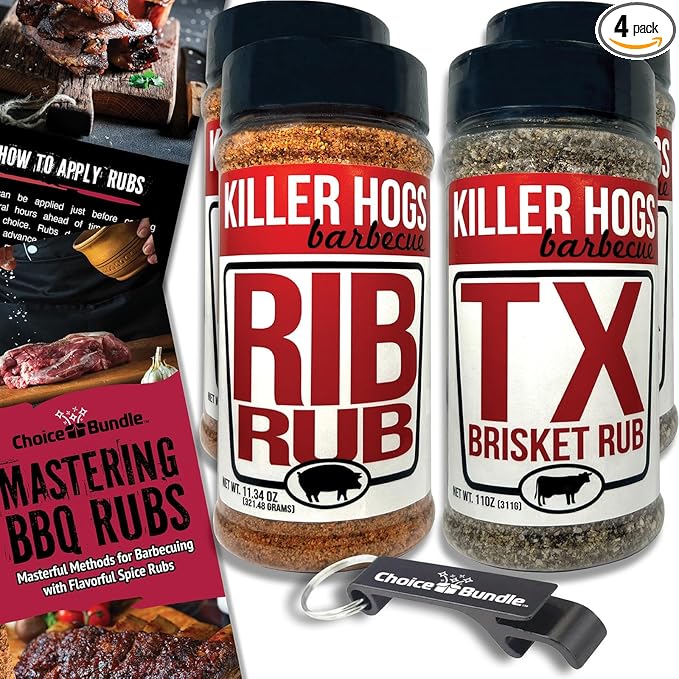 Killer Hogs Rib Rub &amp TX Texas Brisket Premium BBQ Barbecue &amp Seasoning 4 pk Variety Choice Bundle (44.68 oz) + BBQ Guide &amp Keychain Bottle Opener (6 Items)!