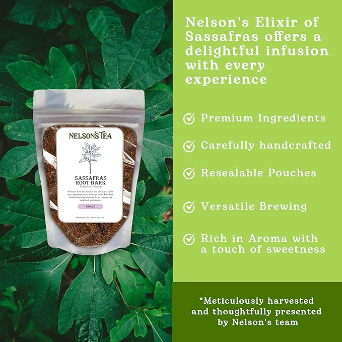 Nelson’s Tea - Sassafras Root Bark Ground - Caffeine Free - Aromatic Sassafras Albidum - Freshly Packed in a Resealable Bag for Lasting Freshness (1oz)