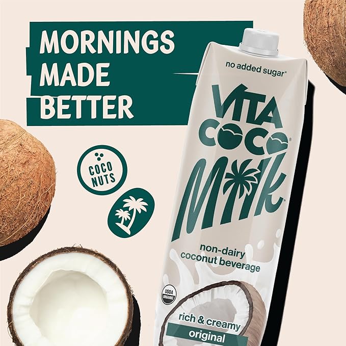 Vita Coco Original Organic Coconut MilkPlant BasedDairy Free Milk Alternative-Gluten FreeSoy-Freeand UnsweetenedNo Added Sugar-Perfect Add to CerealSmoothiesDesserts-33.8 Ounce(Pack of 12)