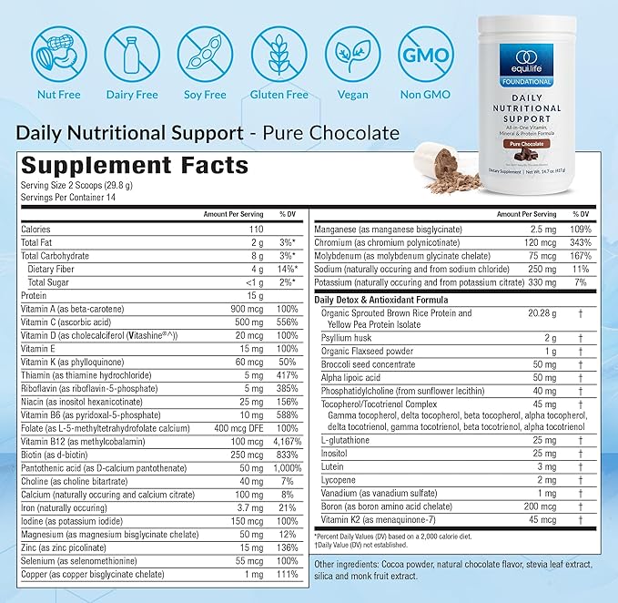 Equilife Daily Nutritional Support All-in-One Multivitamin Meal Replacement Pure Chocolate Flavor 15G Plant Protein Supports Overall Wellness Including Energy Digestion &amp Skin 14 Servings T