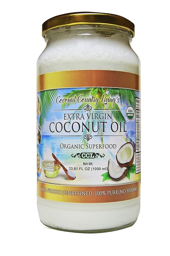 Coconut Country Living's Extra Virgin Coconut Oil in Glass Jar- Cold Pressed Unrefined organic Superfood for Hair Skin Beauty Cooking - Keto &amp Paleo Diet Friendly - 33.81 oz