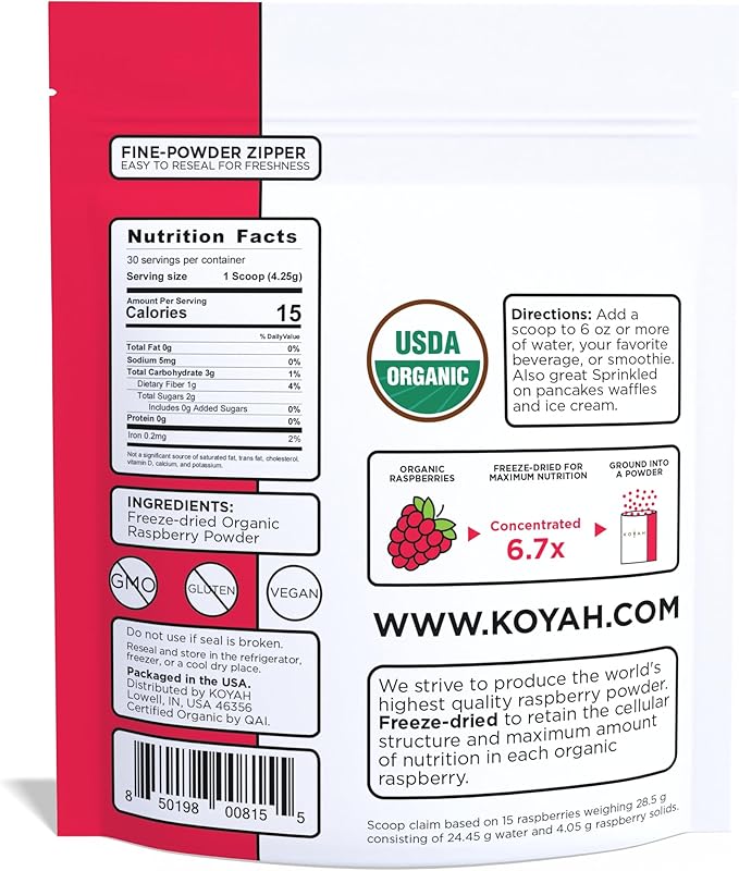 KOYAH - Organic Raspberry Powder 30 Servings (1 Scoop = 15 Raspberries) Freeze-Dried Whole-Berry Powder Equivalent to 450 Raspberries