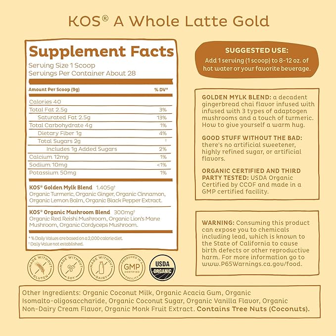 KOS Golden Mylk with Tumeric and Ginger Organic Superfood Latte Powder Adaptogen Mushroom Blend - Coffee Creamer Dessert &amp Smoothie - Caffeine Free Vegan Dairy-Free Gingerbread Chai 28 Serv