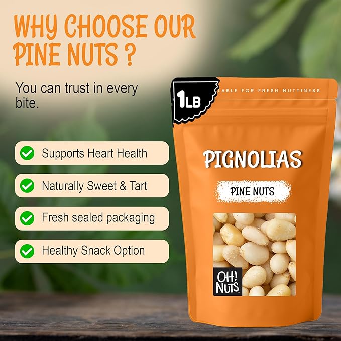 Oh! Nuts Pine Nuts (Pignolias) - Raw - 100% Natural Pine Nuts - 1 lb Bulk Bag - Premium Pignoli Packed with Protein