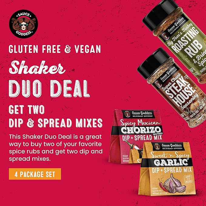 Sauce Goddess - Shaker Duo Deals (Duo #3) - Super Chunk Steak House Big Tom's Turkey Rub Spicy Mexican Chorizo &amp Sweet n’ Spicy Garlic Vegan Dips