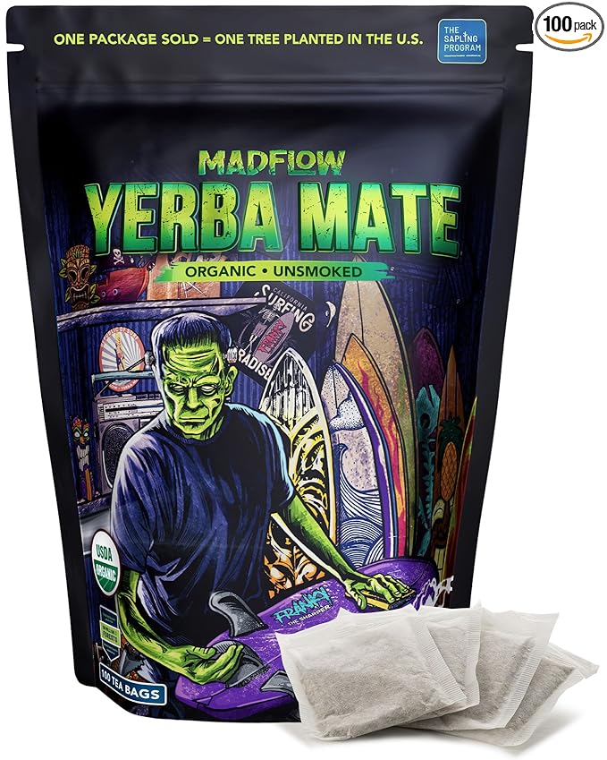 MADFLOW Yerba Mate Tea Bags (100 Mate Tea Bags). Organic &amp Unsmoked. Resealable Packaging. Alternative to Yerba Mate Loose Leaf.