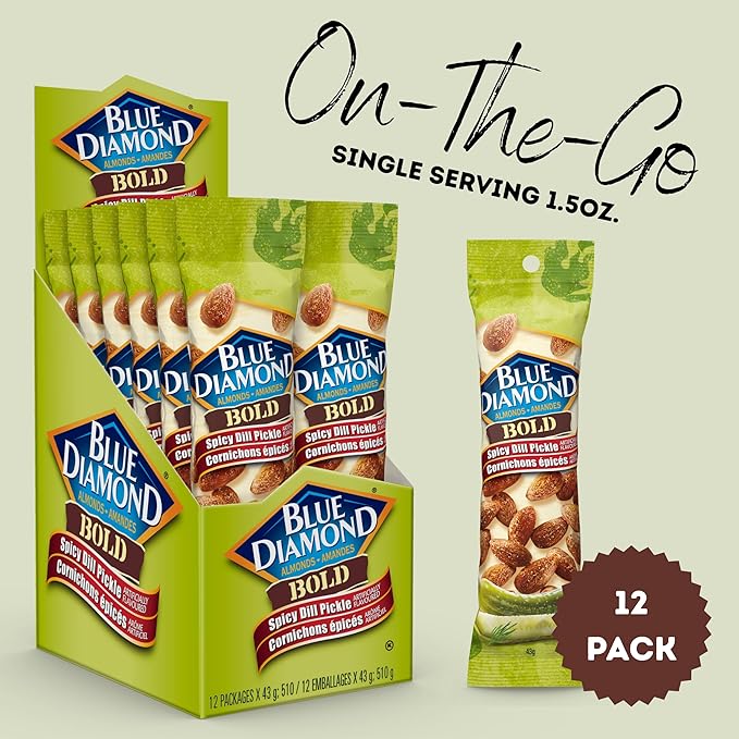 Blue Diamond Almonds Bold Spicy Dill Pickle Flavored Snack Nuts Single Serve Bags (1.5 Oz. Tubes Pack of 12)