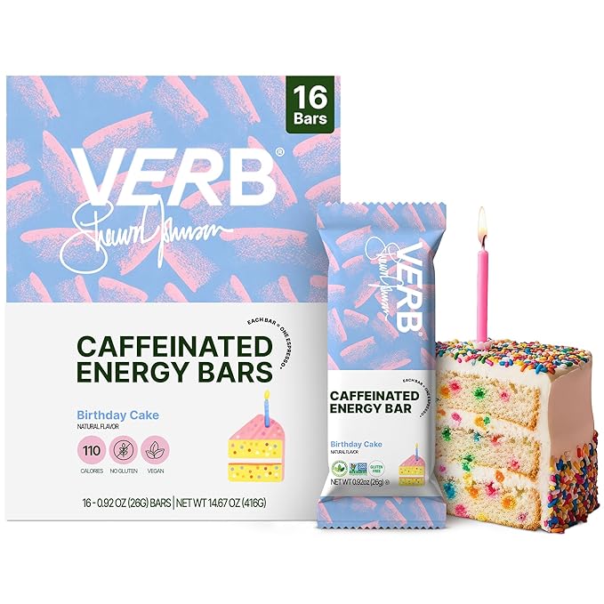 Verb Caffeinated Energy Bars Birthday Cake (26g Pack of 16) 110-Calorie Delicious Low Sugar Energy Bar - Vegan Gluten Free On-the Go Snack with 80mg Green Tea Caffeine Only Real-Food Ingredients