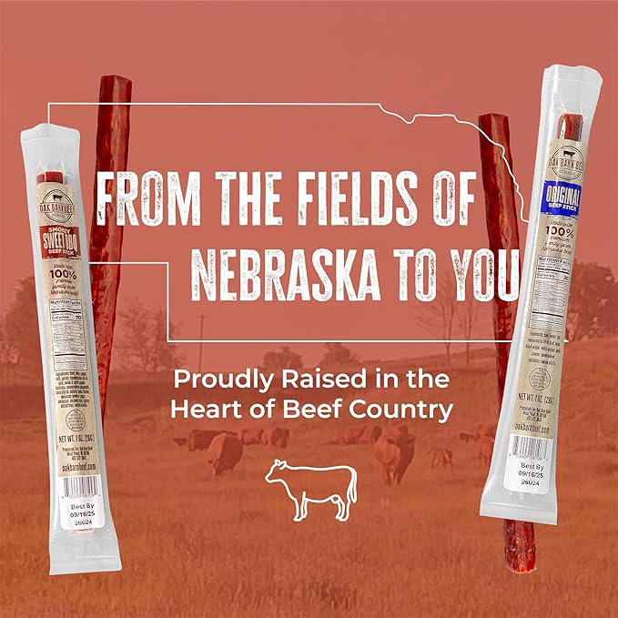 Oak Barn Beef Sticks - Dry Aged Meat Snacks - 100% Nebraska Small Farm Jerky Beef Sticks Individually Wrapped - Low-Calorie Sugar-Free Protein Snacks - Gluten Free Meat Stick - Smokey Sweet BBQ 12Pcs