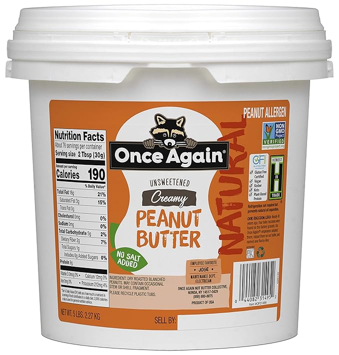 Once Again Natural Creamy Peanut Butter 5lb Pantry Pal (same as 5 jars)- Salt Free Unsweetened - Gluten Free Certified Vegan Kosher Non-GMO Verified