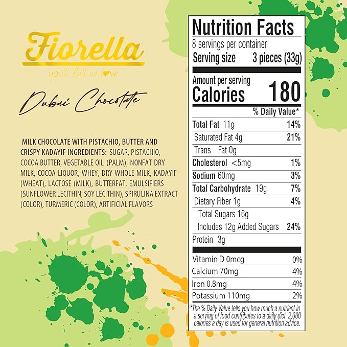 Fiorella Dubai Style Milk Chocolate Pistachio Squares Filled Chocolate With Pistachio Butter &amp Crispy Kadayif Individually Wrapped Chocolate Pieces 24 Count Box
