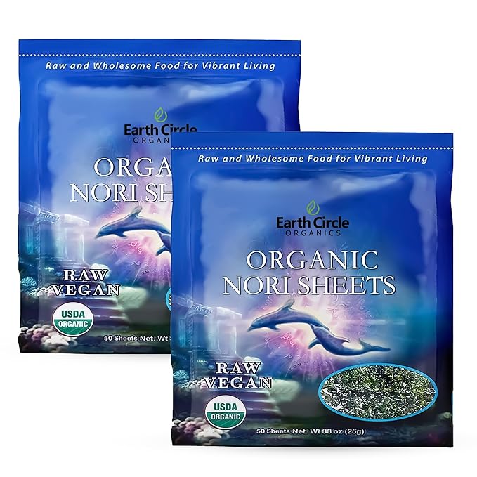 Earth Circle Organics | Organic Nori Seaweed Sheets - Raw Unheated &amp Not Roasted | Grade A Certified | Vegan Paleo Keto Friendly | Premium Nori for Sushi Rolls &amp Wraps (50 Sheets 2 Pack)