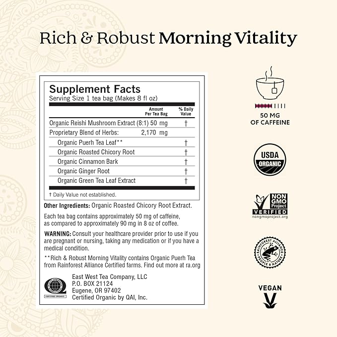 Yogi Tea Rich &amp Robust Morning Vitality - 16 Bags per Pack (6 Packs) - Organic Adaptogen Tea Perfect for the Morning - Includes Puerh Leaf Roasted Chicory Root Cinnamon Bark &amp More
