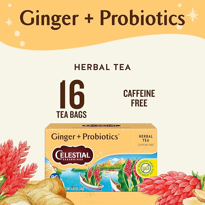 Celestial Seasonings Ginger + Probiotics Herbal Tea Caffeine Free 16 Tea Bags Box (Pack of 6)