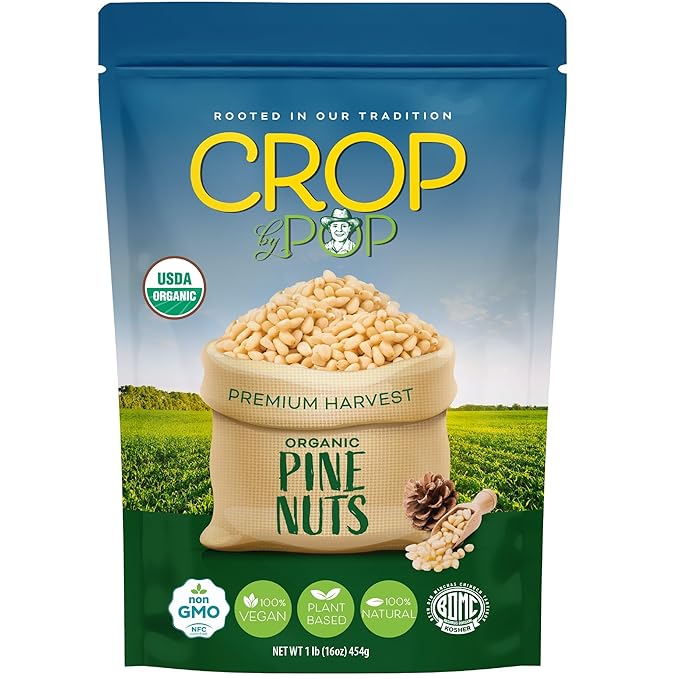 CROP BY POP - Organic Raw Pine Nuts Pignolias Unsalted Shelled (16oz - 1 LB) Packed Fresh in Resealable Bag - USDA Organic Non GMO - Naturally Grown Vegan Kosher