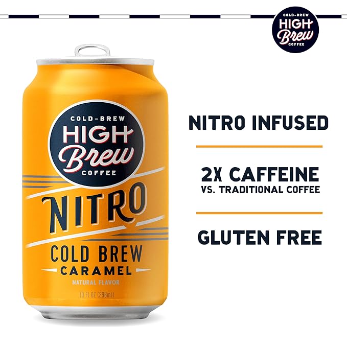 High Brew Coffee | Nitro Cold Brew | Sugar-Free and Dairy-Free 200mg Natural Caffeine Smooth Low-Acid Coffee Infused with Nitrogen Ready-to-Drink | 10 oz Can (Caramel)