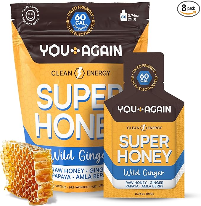 You Again Super Honey Wild Ginger Packets | Workout Clean Energy Gel Packs | Cycling Endurance Running Gel or Energy Snack | Paleo &amp Carnivore Snack | Gluten-Free | Made in USA | 8 Pack