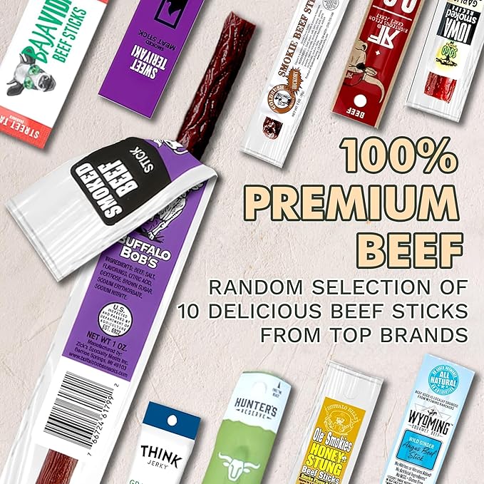 Jerky-n-Spice Ultimate Beef Sticks Gift Box (10-Pack) | Beef Jerky Gift Baskets for Men | Assorted High Protein Snacks | Premium Meat Stick Jerky Sampler | Ideal for Birthday Road Trip &amp Camping