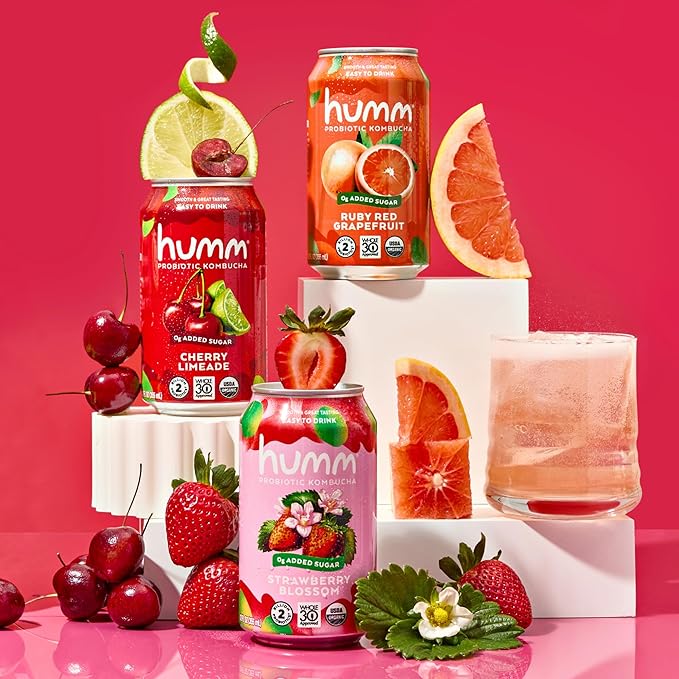 Humm Whole30 Approved Kombucha Variety Pack Strawberry Blossom Cherry Limeade Ruby Red Grapefruit Organic Vegan &amp GMO Free (12 Pack)