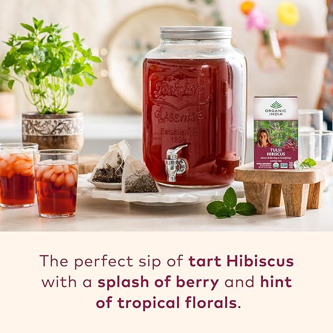 ORGANIC INDIA Tulsi Hibiscus Tea Bags - Holy Basil Herbal Tea Stress Relieving Calming Immune Support USDA Organic Caffeine Free -18 Bags 3 Pack
