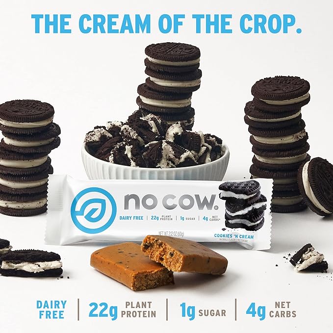 No Cow Vegan Protein Bars Upgraded Cookies 'n Cream | 20g Plant Based Protein Gluten Free Dairy Free Soy Free Keto Friendly Low Sugar High Fiber Snack Bars | Pack of 12