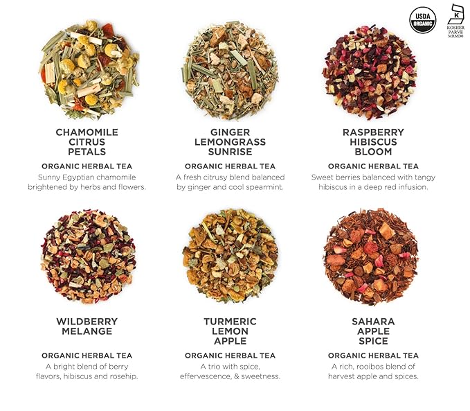 Teabloom Organic Herbal Oasis Pyramid Tea Presentation Box 12 Assorted Herbal Tea Blends USDA Certified Organic Whole-Leaf Pyramid Tea Sachets