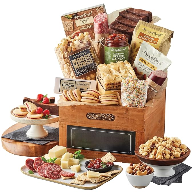 Harry &amp David Deluxe Everyday Sharing Gift Basket For All Occasions Food Gift Baskets With Popcorn Salami Sausage Cheese Crackers Nuts Sesame Sticks Baklava Rainbow Gummies And Chocolate