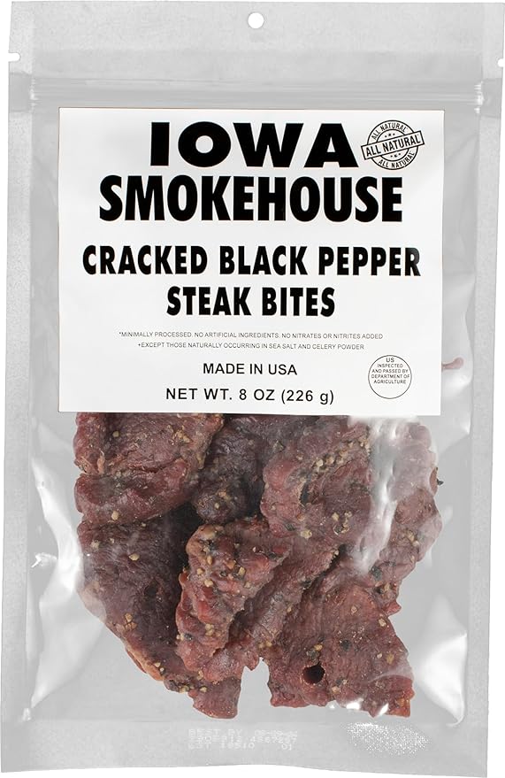 IOWA SMOKEHOUSE Steak Bites Cracked Black Pepper - Tender Nugget Meat Snack - All Natural &amp Gluten Free - 9g of Protein All USA Beef - 8 Oz (resealable bag)…
