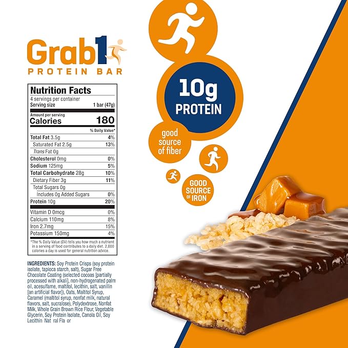 Grab1 Sugar Free Protein Bars Caramel Crunch (3 Pack- 12 Bars) | Delicious and Nutritious | Low Calorie | Only 1g Sugar