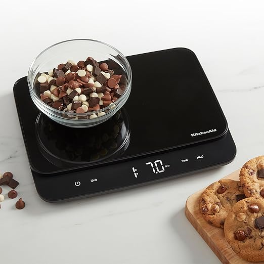 KitchenAid KQ917 High Capacity Glass Surface Digital Kitchen and Food Scale 30 Pound Capacity and Precision Grams Ounces Pounds Fluid Ounces &amp Milliliters LED Tare Function Black