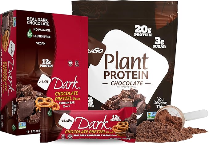 NuGo Dark Chocolate Pretzel w/SS 12g Vegan Protein Gluten Free Kosher Pareve Non-GMO 12 Count and NuGo Plant Protein Powder Chocolate 20g Protein 3g Sugar 25 Servings