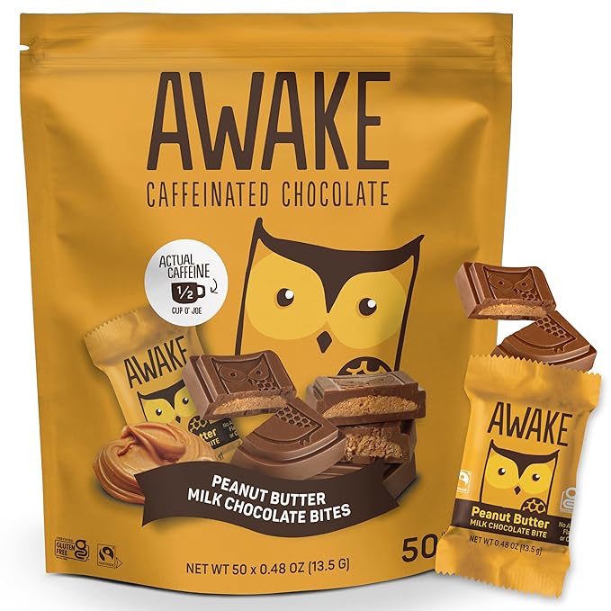 AWAKE - Caffeinated Chocolate Bites - Peanut Butter Milk Chocolate 50 Bites - 50mg Caffeine - Wrapped Energy Bites - Coffee Alternative - Fairtrade Gluten Free Non GMO - 0.48oz