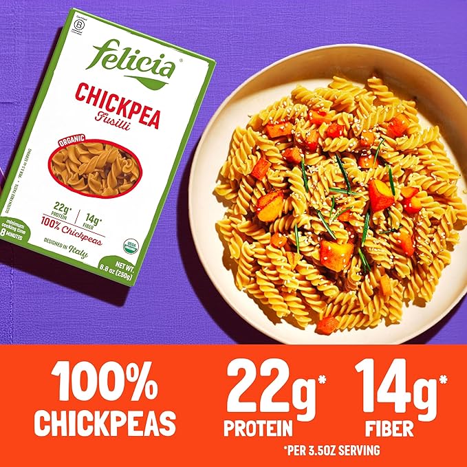 Felicia Gluten Free Pasta Chickpea Fusilli 22G Protein per Serving Organic High Protein and Fiber Noodles Designed in Italy Plant Based Made from 100% Chickpeas Non GMO 8.8 Oz 6 Boxes