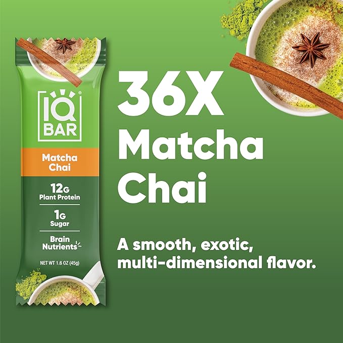 IQBAR Clean Plant Protein Bars - Matcha Chai - 36 Count - Keto Vegan High Fiber Gluten and Dairy Free Low Sugar Snack - Brain and Body Nutrients for Focus Energy Meal Replacement