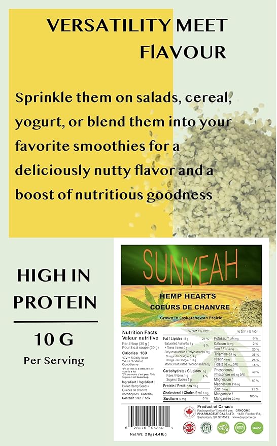 SUNYEAH Canadian Hemp Hearts - 2kg of Pure Prairie Saskatchewan Harvest Shelled Hemp Seeds Perfect for Smoothies Yogurt and Salads - Non-GMO Vegan Keto Gluten-Free(Pack of 1)