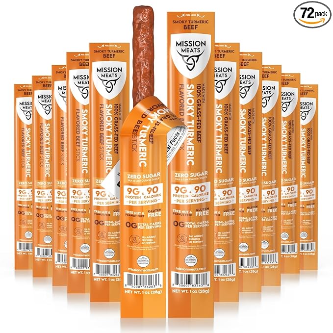 Mission Meats Beef Sticks – 100% Grass Fed &amp Pasture Raised Sugar Free Individually Wrapped Healthy Snacks Whole 30 &amp Paleo Friendly Smoky Turmeric 1oz (72ct)