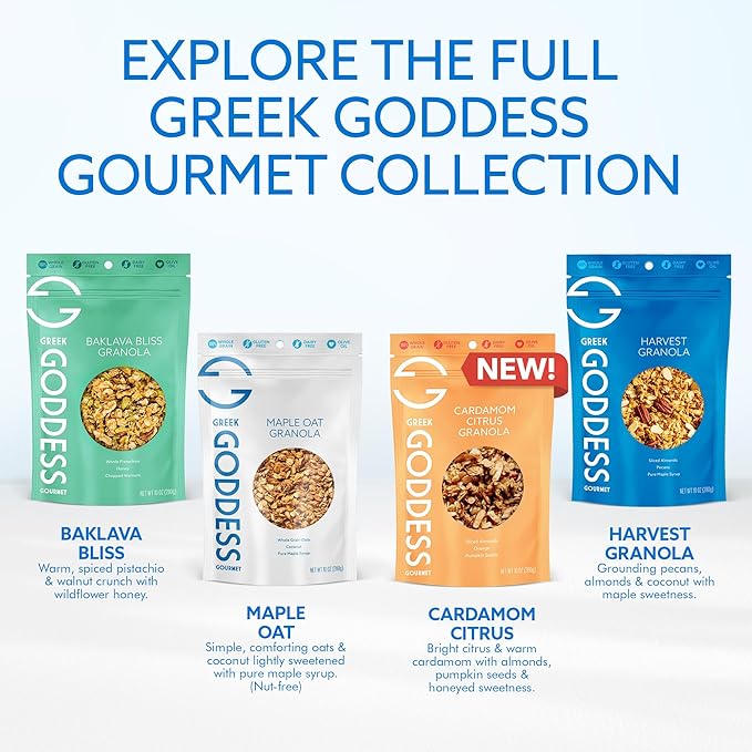 Greek Goddess Gourmet Granola Variety Pack – Baklava Bliss Harvest &amp Maple Oat with Nuts Honey Maple Syrup Coconut &amp Olive Oil – Greek-Inspired Gluten Free Granola 10oz Bags (3-Pack Ass