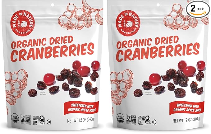 Made In Nature Organic Dried Cranberries 12 Ounce (Pack of 2) – Sweetened with Apple Juice Non-GMO Unsulfured Gluten Free