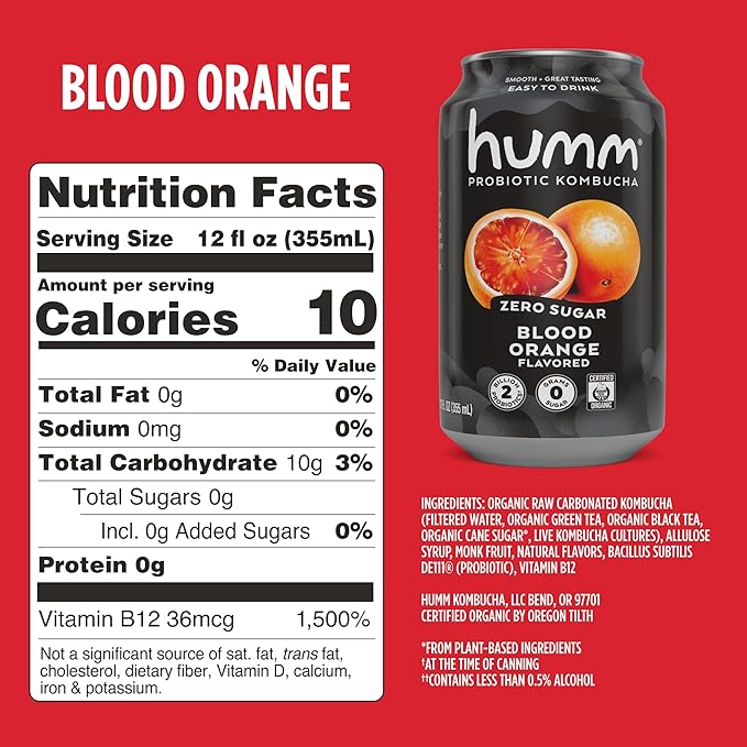 Humm Probiotic Kombucha Zero Sugar Blood Orange No Refrigeration Needed Keto Friendly Organic Vegan Gluten Free 12oz Cans (8 Pack)