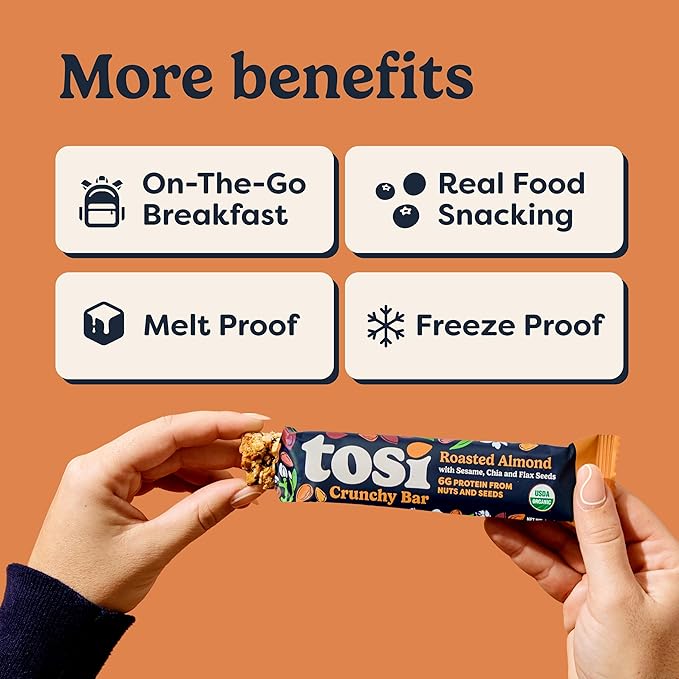 Tosi Nut Bars Almond Healthy Snacks for Adults &amp Kids Plant Based Crunchy Bars (5G Protein) Organic Keto Snacks Vegan Gluten &amp Soy Free Low Sugar Omega 3s 1oz 12-Pack