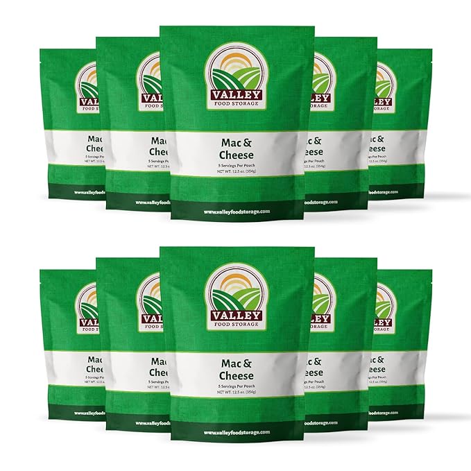 Valley Food Storage Mac and Cheese | 10-Bag Bucket 50 Servings | Non-GMO Premium Emergency Food Supply 25 Year Shelf Life | Survival Meal Kits Prepper Food Camping &amp Off-Grid Living Supplies