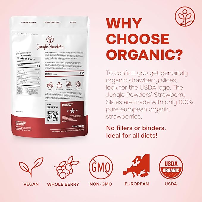 Jungle Powders Organic Blueberries Fresh Freeze Dried Fruit 4 Ounce Bag - Made From Frozen Wild Dried Blueberries + Freeze Dried Strawberries Organic USDA Certified Strawberry Slices 3.2 Ounce Bag