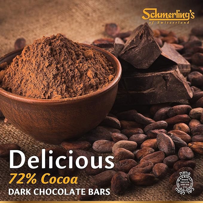 Schmerling's Dark Swiss Chocolate - 72% Cocoa - All Natural Chocolate - Vegan - Gluten Free - Paleo - Non GMO - Non Dairy - Gourmet Parve - Kosher OU - 3.5oz Each (Pack of 5)