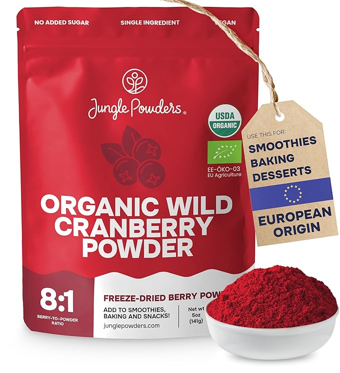 Jungle Powders Wild Cranberry Powder Organic 5 Ounces USDA Certified Freeze Dried Organic Cranberries Powder for Baking Flavoring Smoothies Additive Filler Free Superfood Extract from Whole Berries